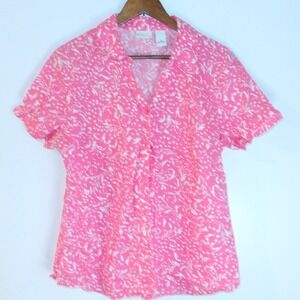 Kim Rogers Pink Floral Button Up Short Sleeve Top Blouse Shirt Size M / #6151